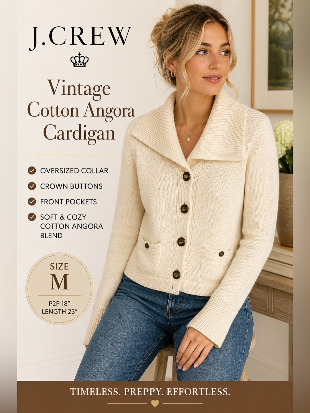 J. Crew Vintage Cotton Angora Cardigan Sweater Medium Cream Oversized Collar